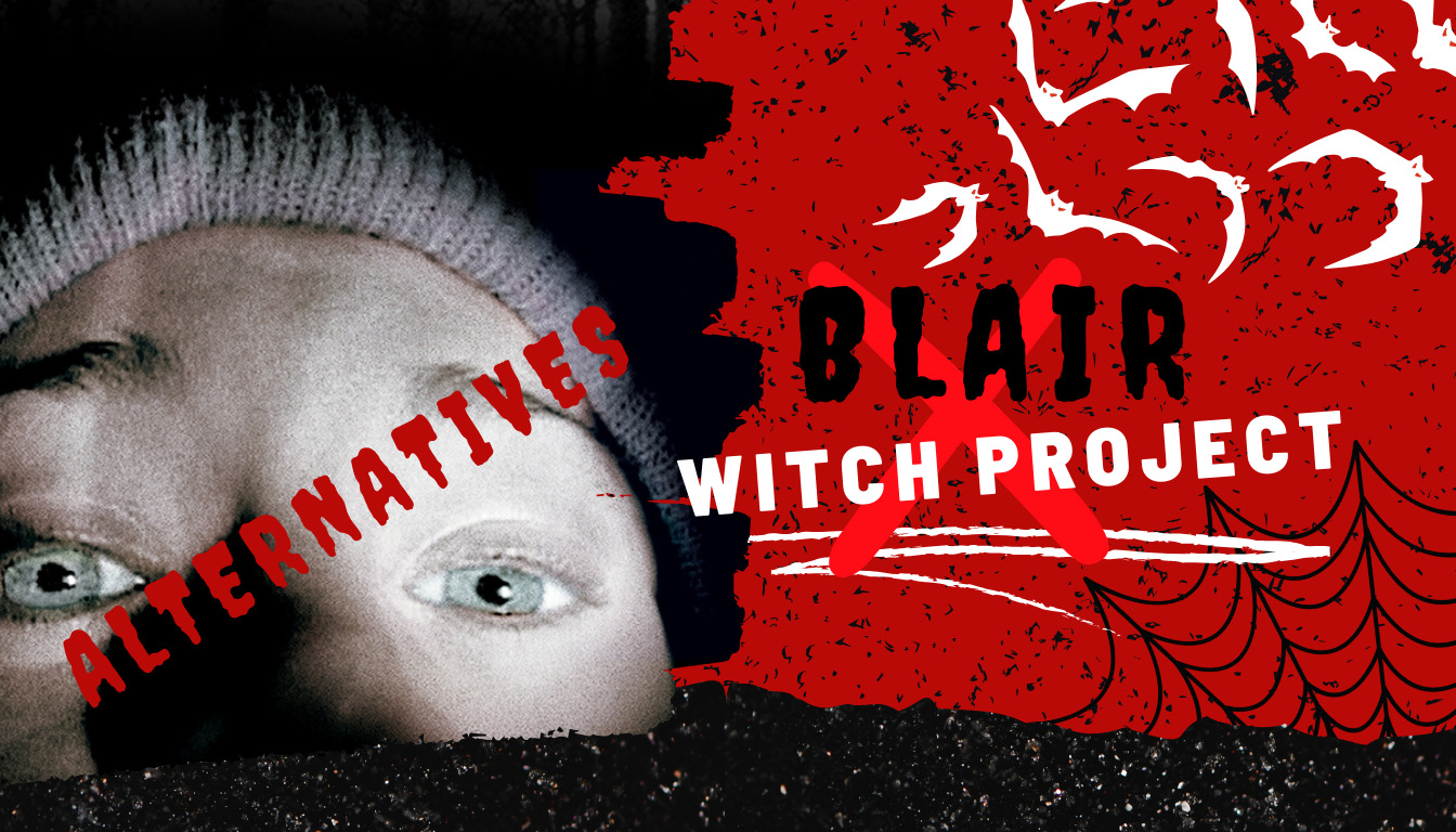 Blair Witch Project banner with a pale face and bubble letters reading blair witch alternates with an X through blair witch and bats and red spatter.