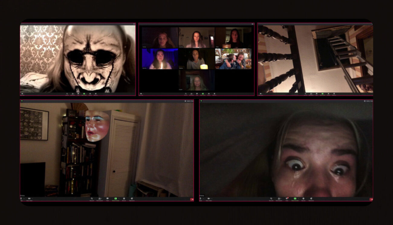 PC screen with 4 people and a scary monster. A preview of a found footage with a webcam movie