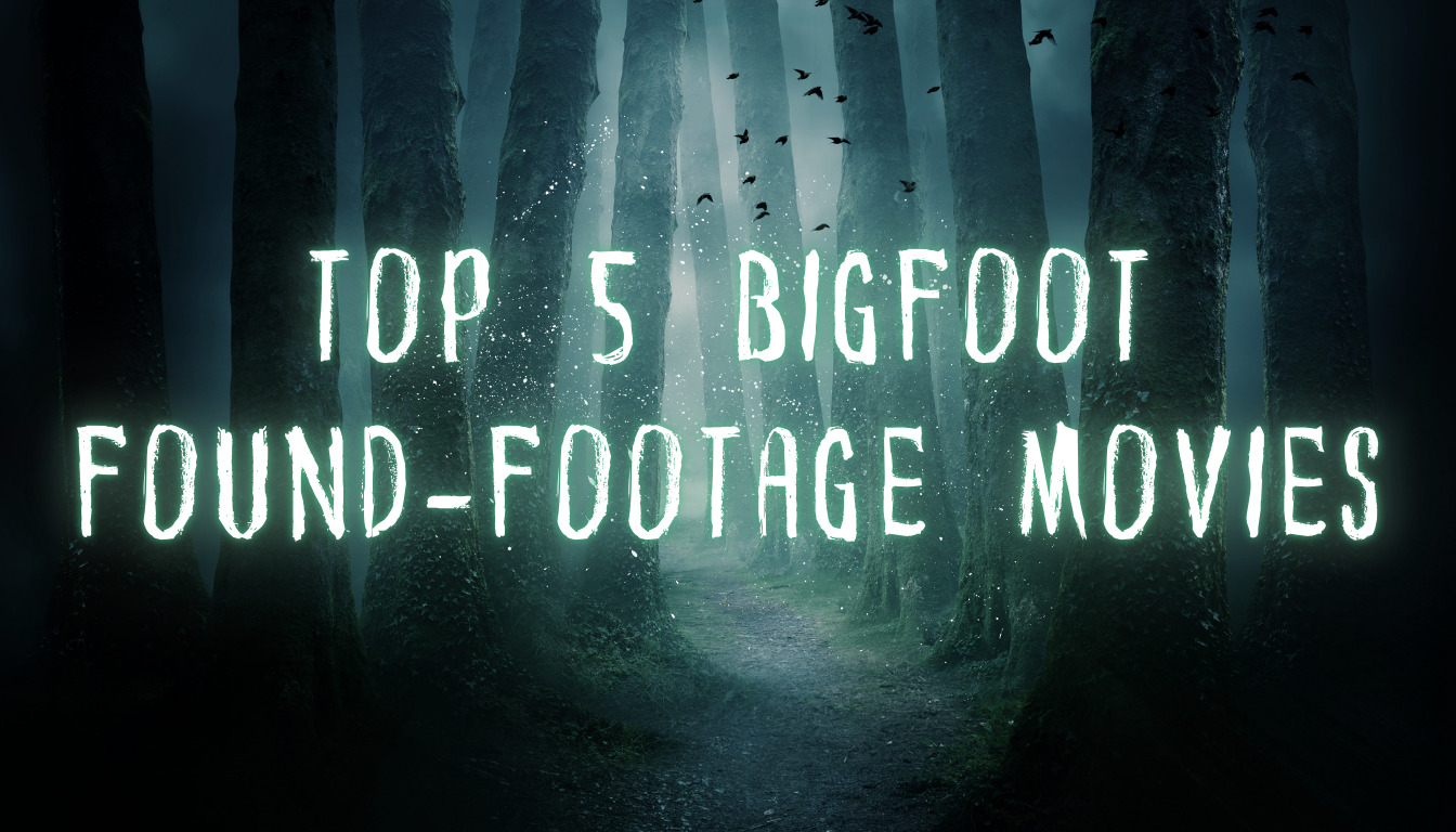 Scary forest with Bigfoot yeti top 5 movies caption. Dark sky with stars and scary birds