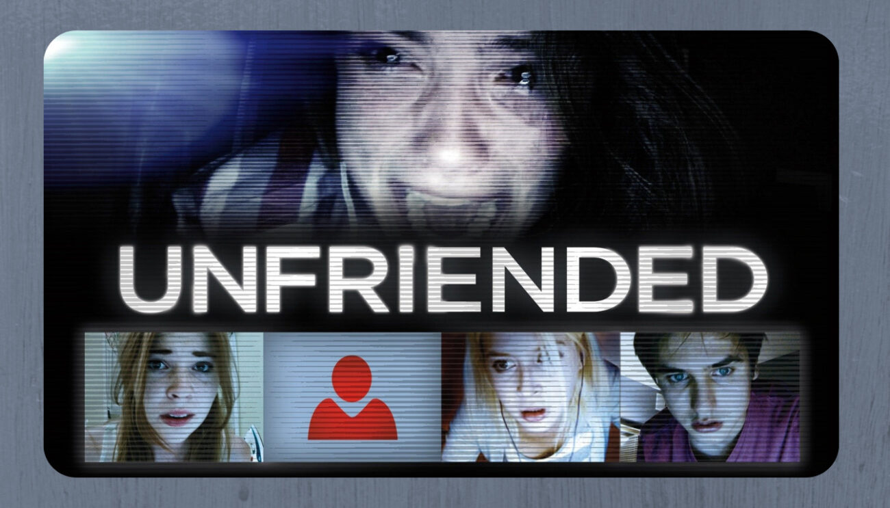 Unfriended movie banner for a found footage movie. Gray background with 4 people screaming on a PC web cam