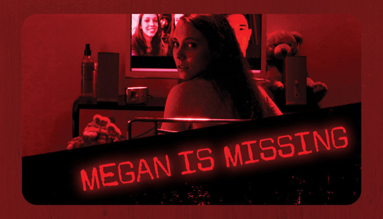 mOVIE POSTER SHOWING mEGAN IS mISSING IN AN EVIL SETTING WITH A COMPUTER IN FRONT OF A GIRL AND A HORROR DOLL. Found Footage horror movie cover